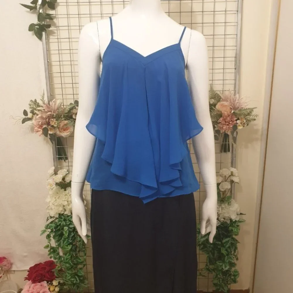 FOREVER NEW Blue V-Neck Layered Flowy Top AU-8 w/ Adjustable Spaghetti Straps - Picture 4 of 15